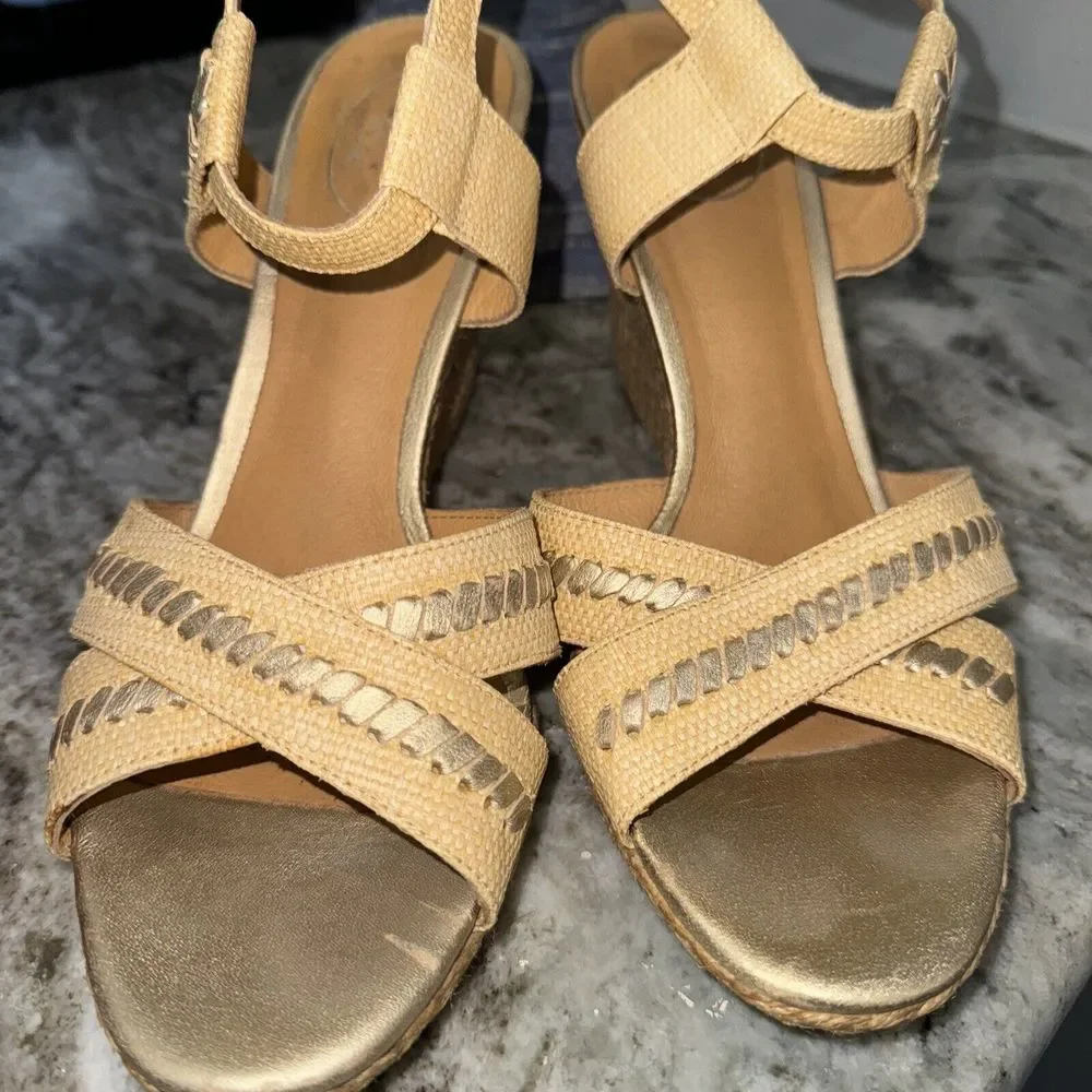 Jack Rogers Size 10M ABBEY Natural Raffia Gold Wedge Sandals Womens Shoes‎